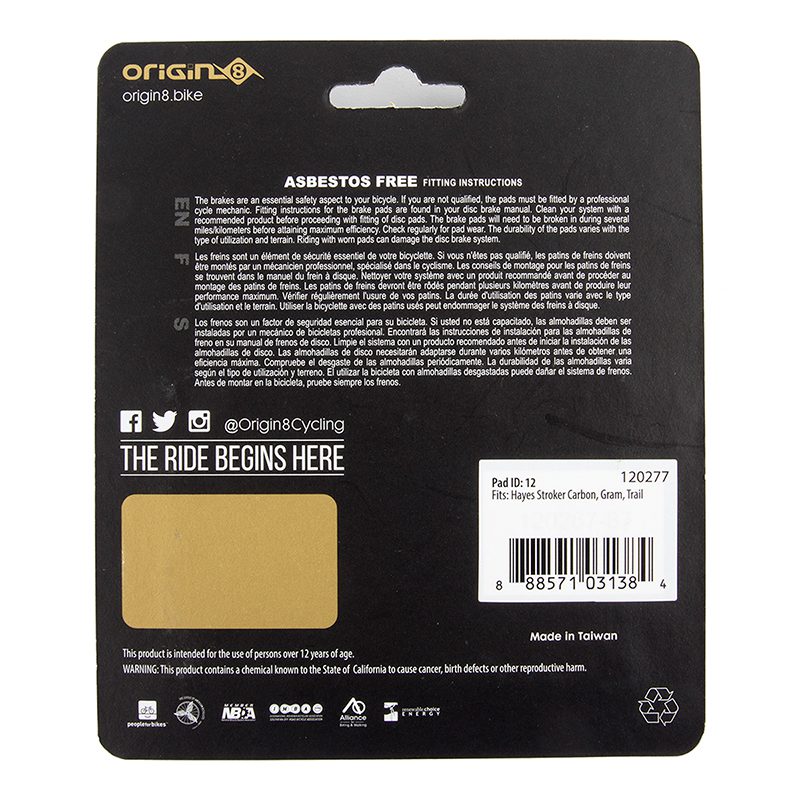 Origin8 SM-12 Brake Pads - Disc Vise Semi-Met Hayes Stroker CARBON/GRAM/TRAIL