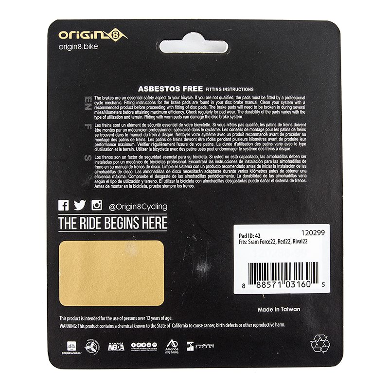 Origin8 S-42 Brake Pads - Disc Vise Sint For SRAM FORCE22/RED22/RIVAL22
