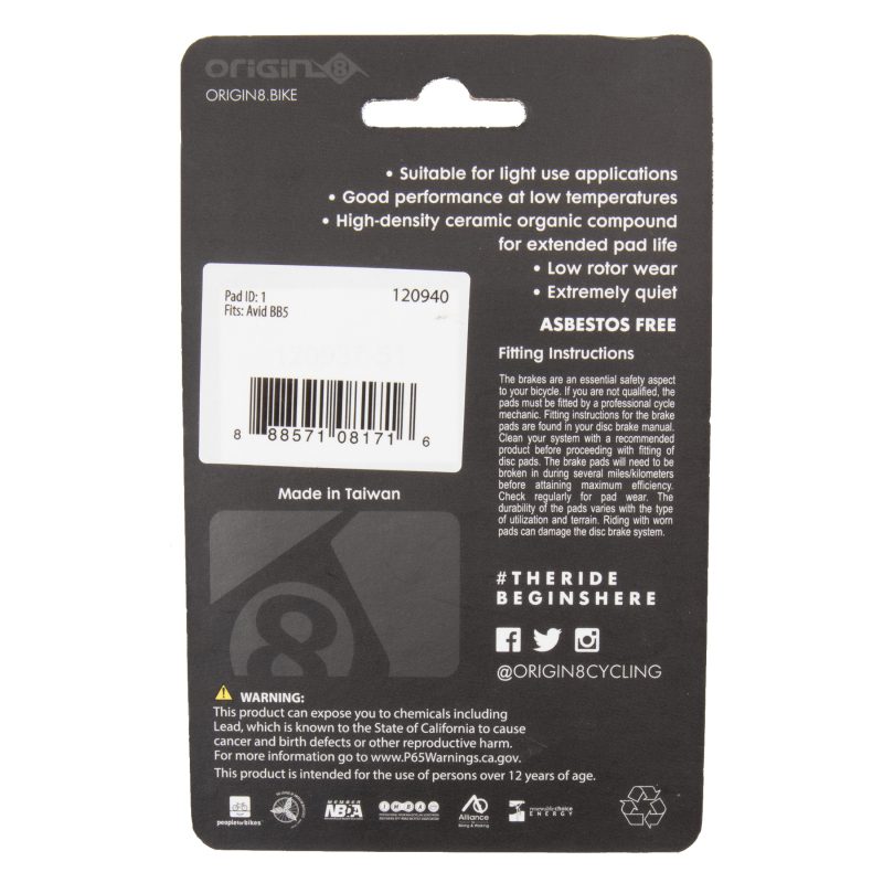 Origin8 0-1 Brake Pads - Disc Vise Organic For Avid BB5 (K)